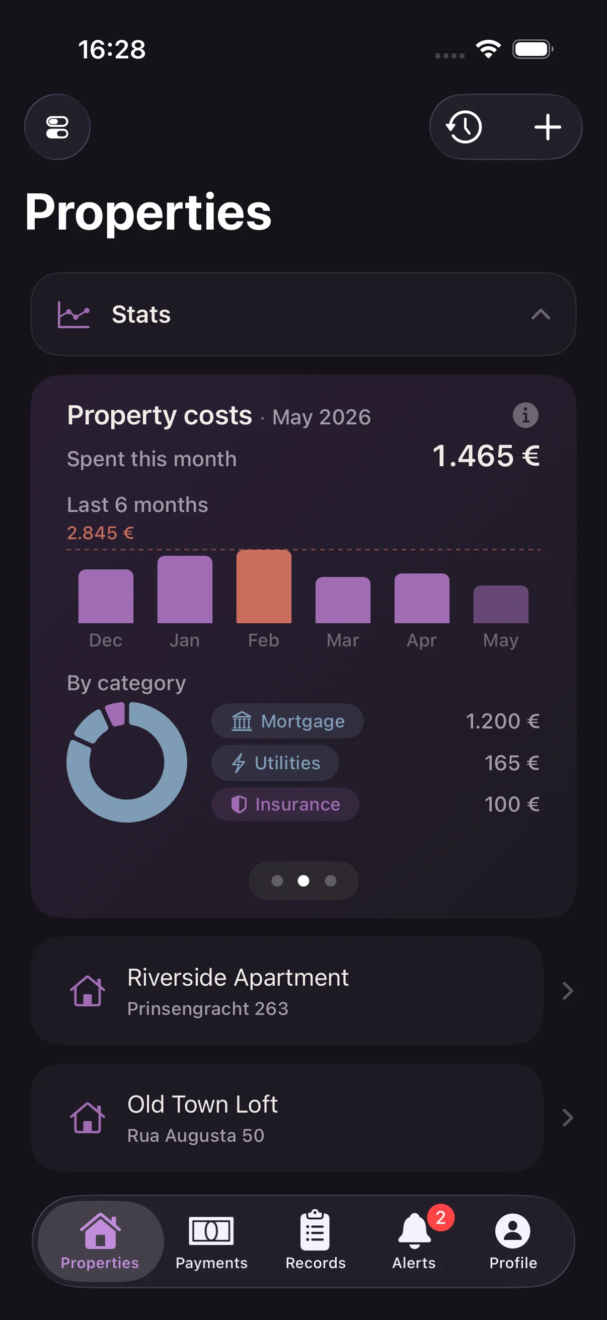 Landlord dashboard — property costs card with this month's spend, six-month trend, and category donut.