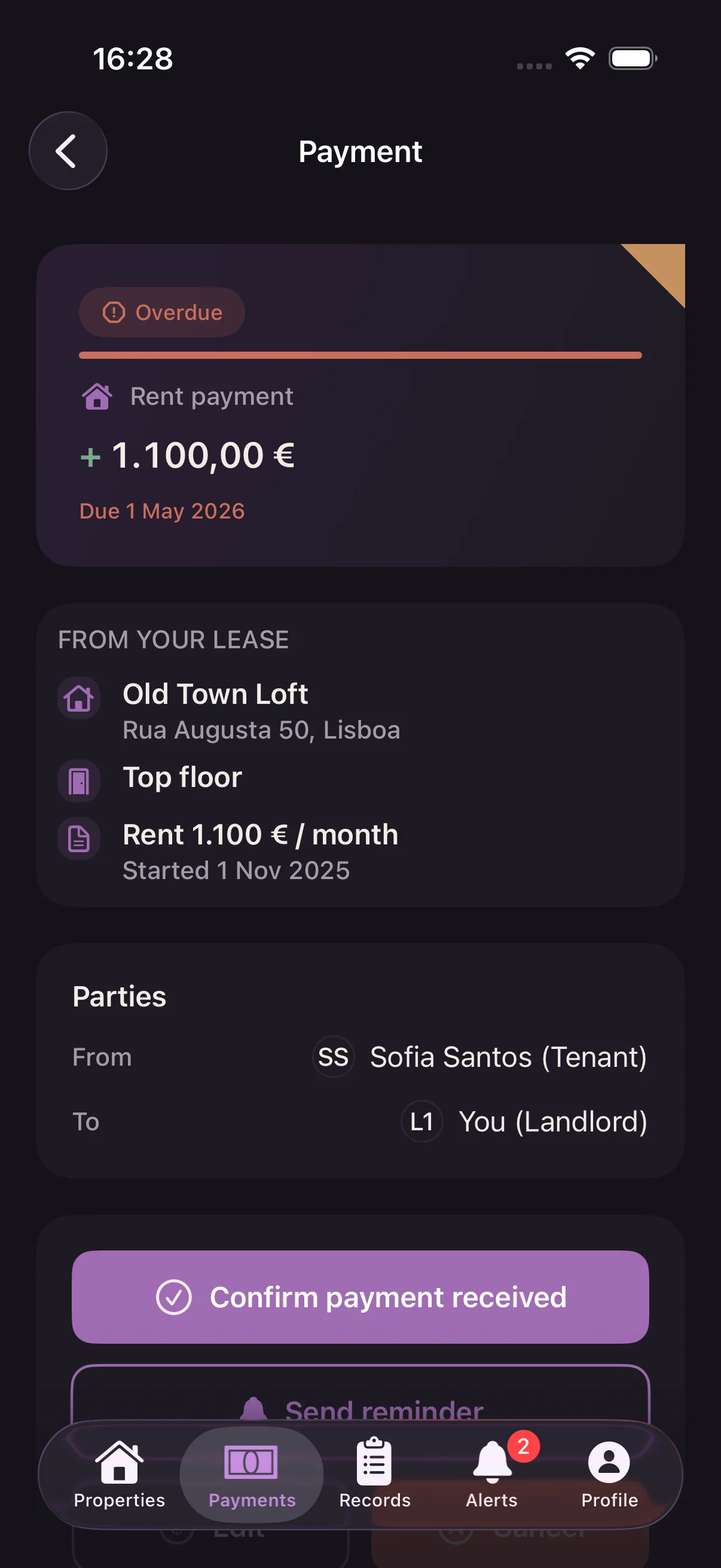 Overdue rent on the landlord side — confirm received, send reminder, edit, or cancel.
