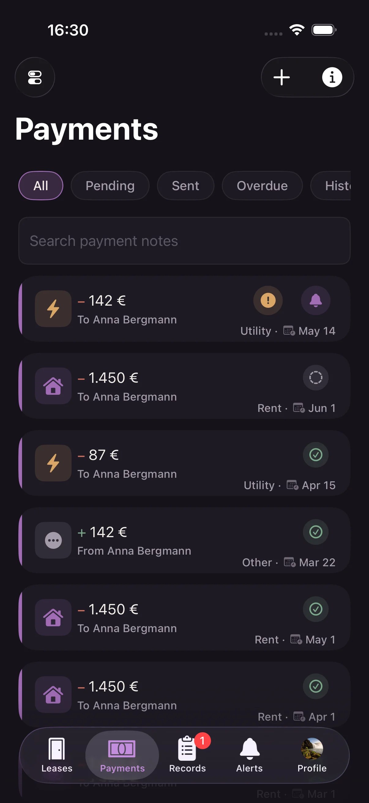 Flatren Payments tab — list of rent and reimbursement requests with signed amounts and state chips.
