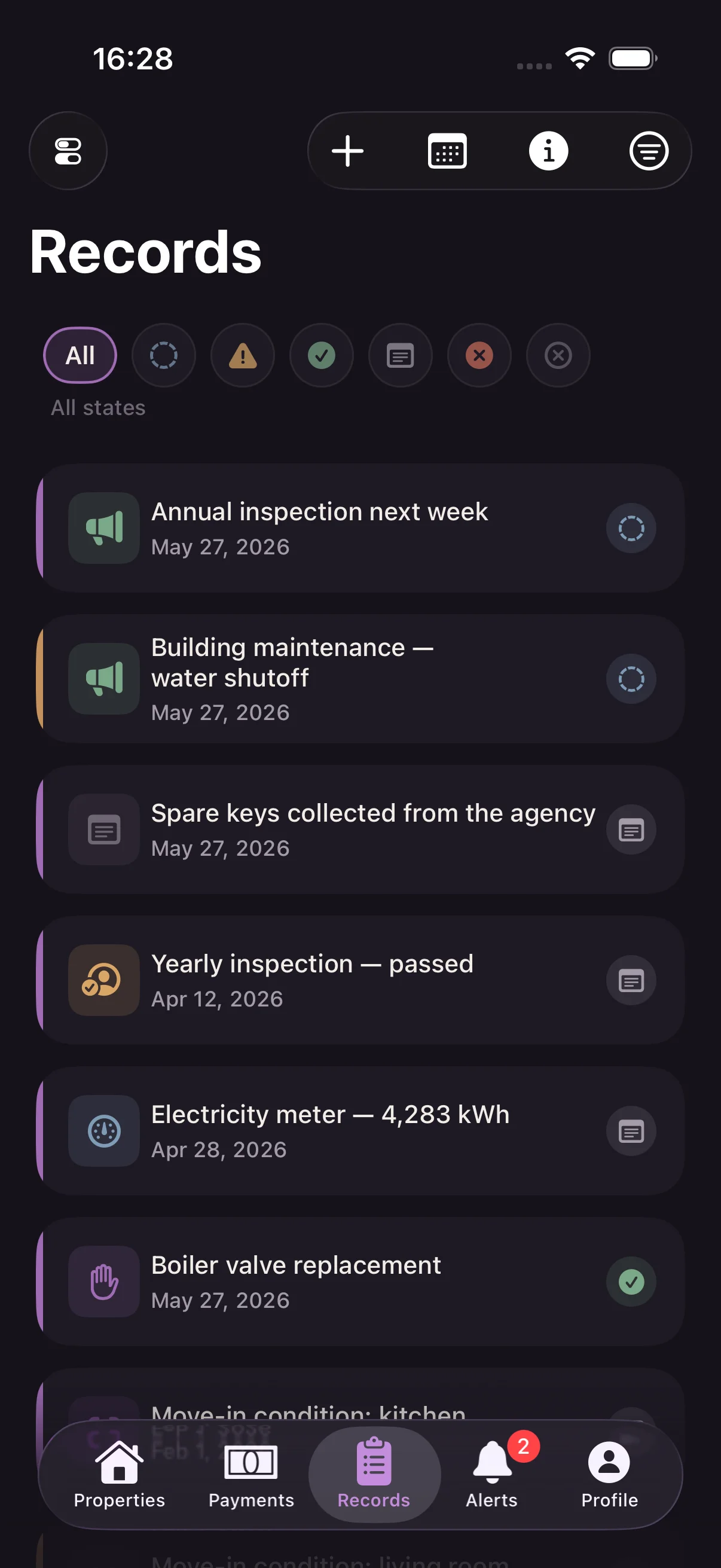 Records tab — cross-portfolio list of meter readings, condition photos, notices, visits, and notes with state chips.